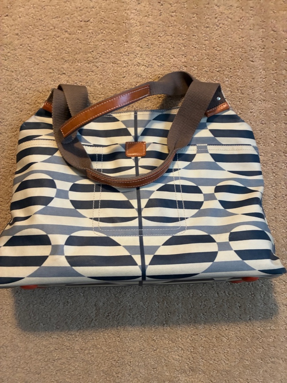 Striped Navy and White Canvas Tote with Brown Trim